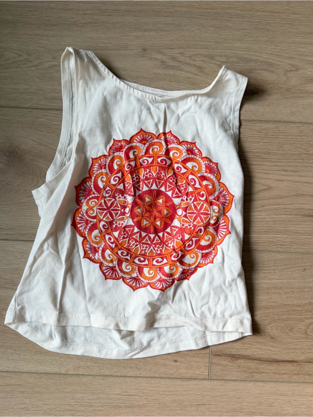 White Crop Tank with Red and Orange Mandala